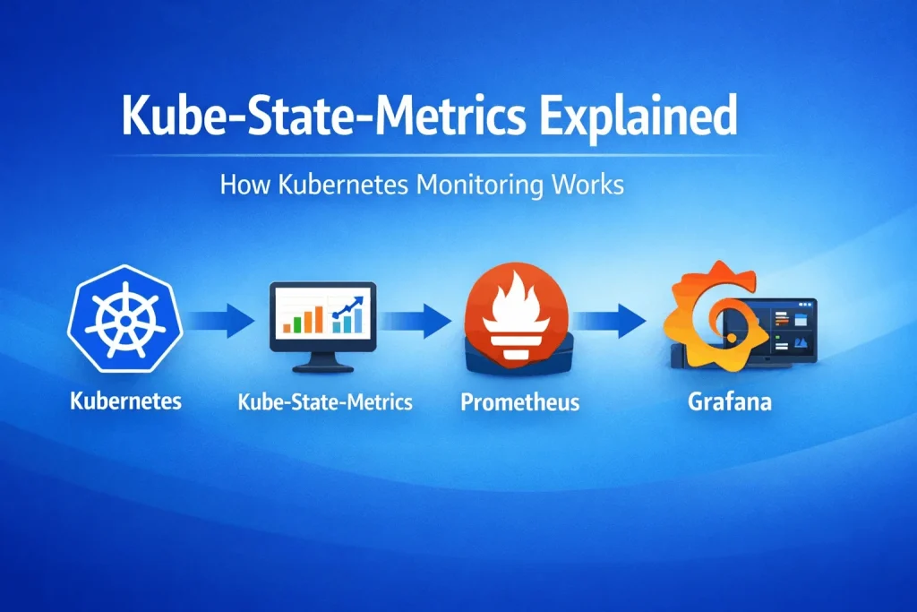 What Kube-state-metrics do in Kubernetes shown with monitoring architecture diagram using Prometheus and Grafana