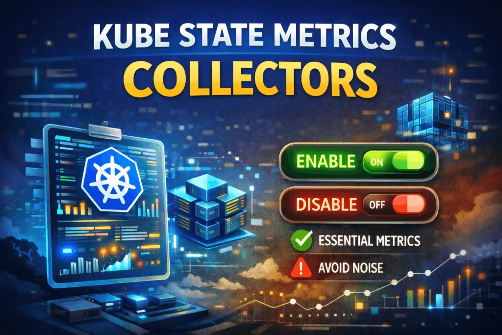 Kube State Metrics Collectors illustration showing enable and disable toggles for essential metrics with Kubernetes dashboard, charts, and monitoring visuals on a dark blue background