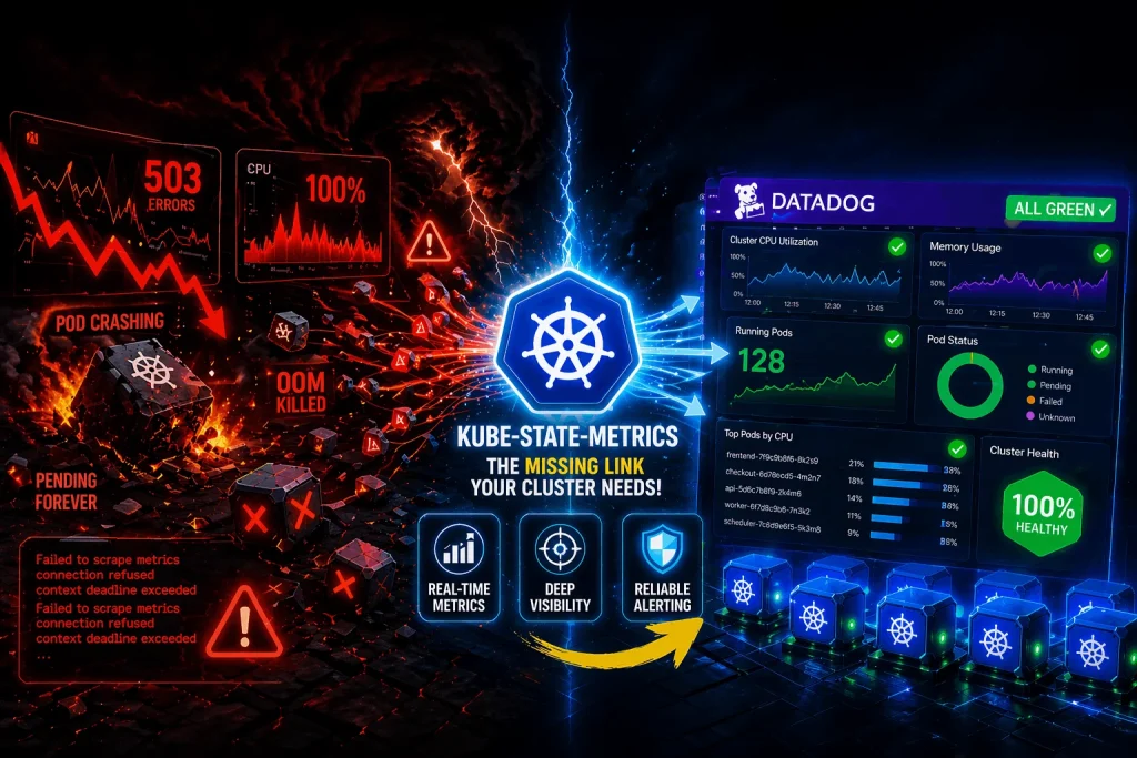 Split-screen Kubernetes monitoring showing chaos vs stability: red failing cluster on left and clean Datadog dashboard on right, connected by a glowing kube-state-metrics data bridge highlighting kube-state-metrics datadog integration.