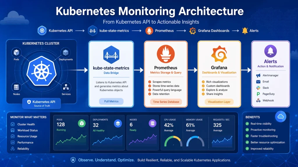 Kube-State-Metrics Scrape Config flow showing Kubernetes data moving through kube-state-metrics to Prometheus and Grafana.
