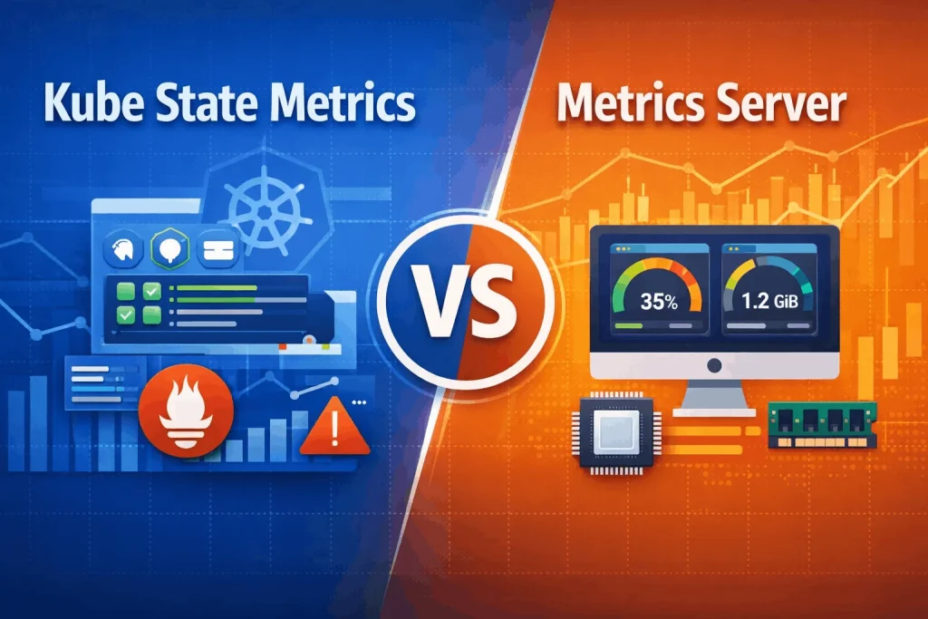Kube state metrics vs metrics server explained visually with real-time usage and cluster state differences