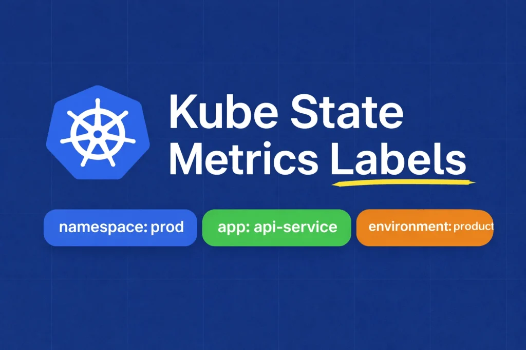 Kube state metrics labels example showing namespace, app, and environment labels for Kubernetes monitoring and filtering metrics.