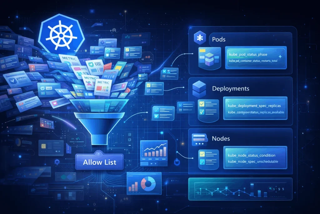 Kubernetes metrics list filtered through an allow list into clean pods, deployments, and nodes dashboards.