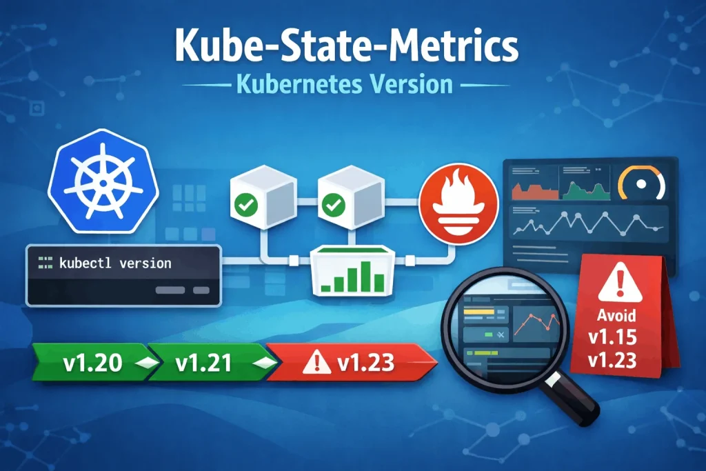 Blue technical illustration of Kubernetes version compatibility for kube-state-metrics, showing version flow, monitoring, and upgrade warnings