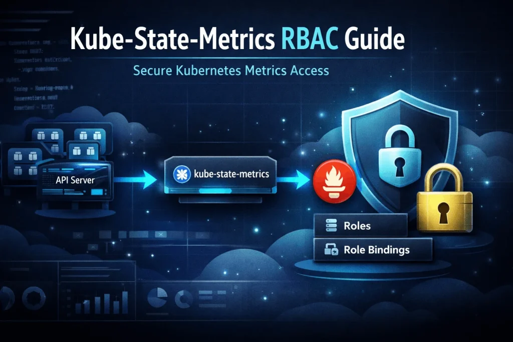 Dark DevOps banner showing kube-state-metrics RBAC flow from Kubernetes API to Prometheus with security icons.