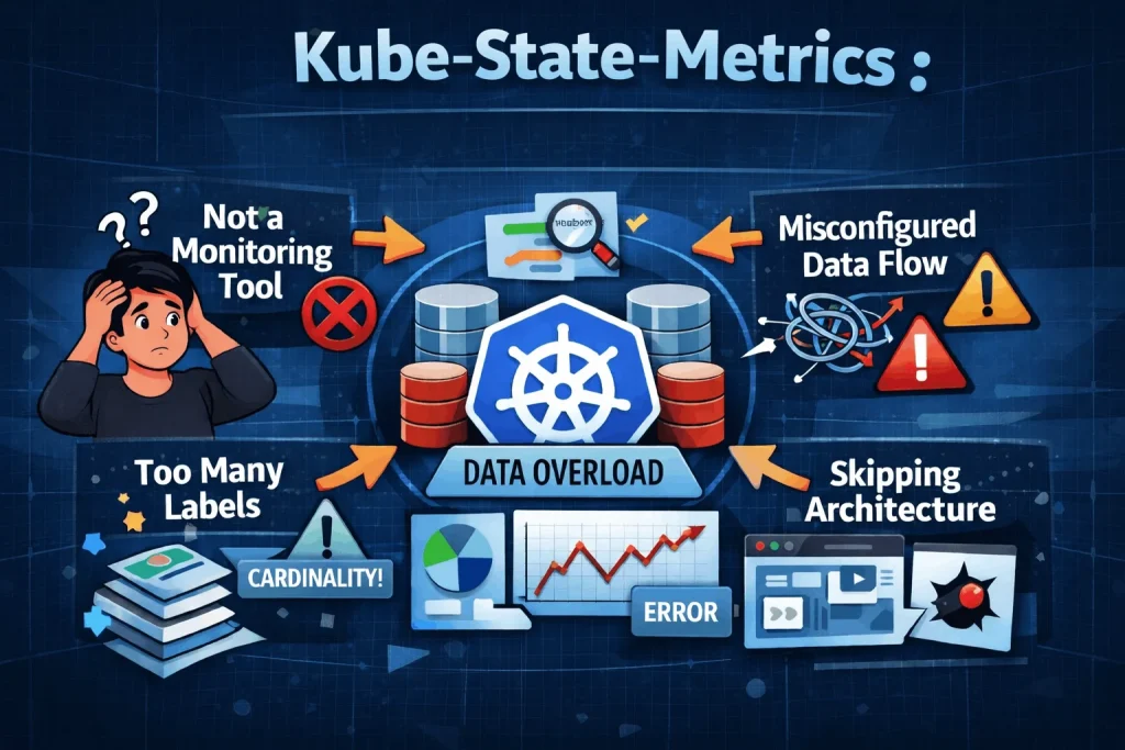 Kube-State-Metrics architecture common mistakes infographic showing issues like not a monitoring tool, misconfigured data flow, too many labels, and skipping architecture with Kubernetes visuals on a blue background