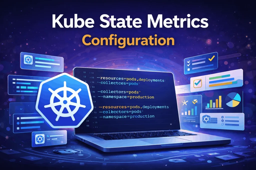 Kube State Metrics Configuration showing Kubernetes metrics setup with flags, collectors, labels, and dashboard charts visualization