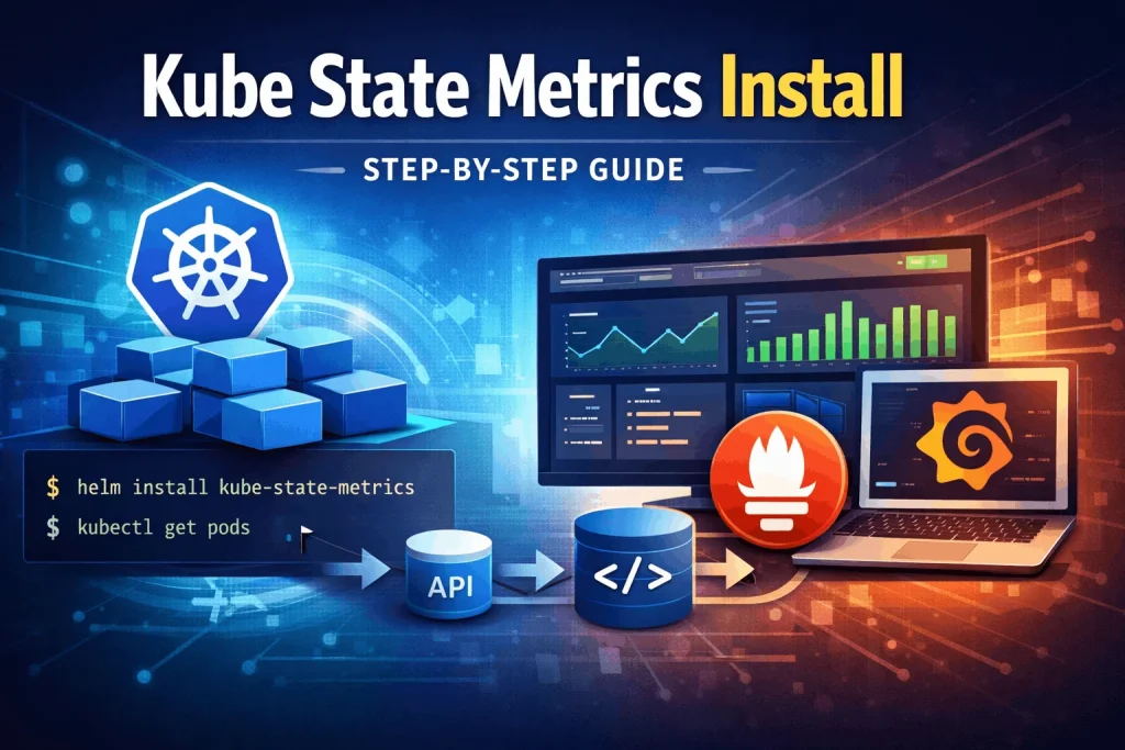 Kube-state-metrics install visual showing Kubernetes cluster, Helm commands, Prometheus and Grafana monitoring dashboard setup